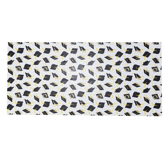 108&#x22; White, Black &#x26; Gold Graduation Cap Plastic Table Cover by Celebrate It&#x2122;